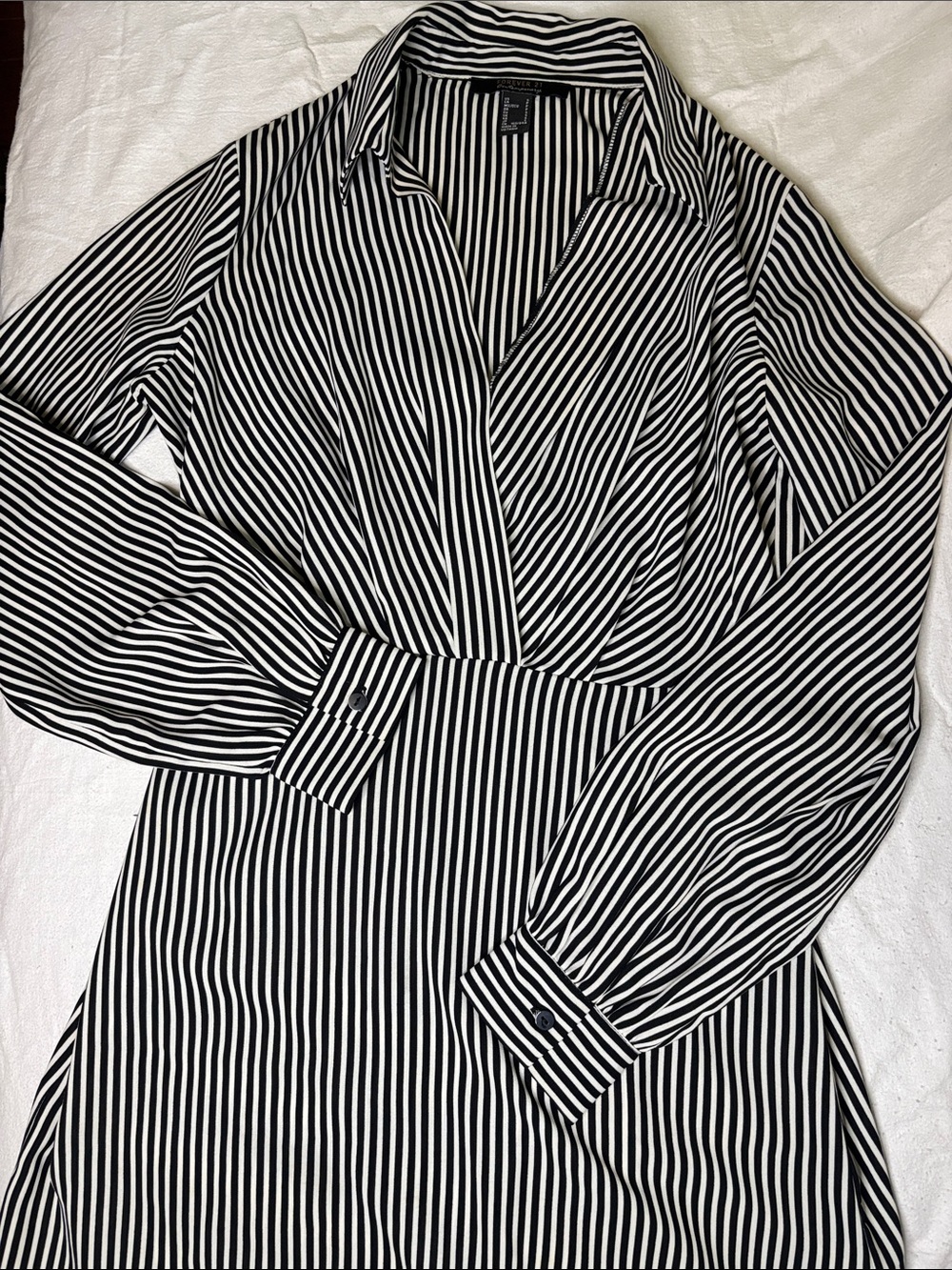 Black & White Striped Button-Cuff Shirt Dress